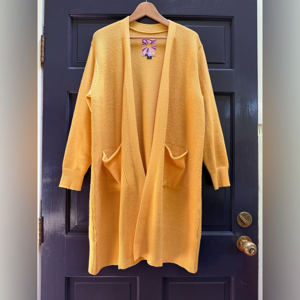Lesley Evers Long Open-Front Cardigan Sweater - Sunny Yellow